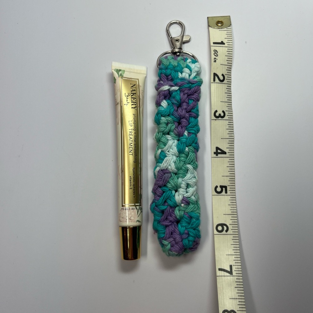 Handmade Crochet Lip Gloss Holder Keychain Approx 6-1/2” long Green Purple